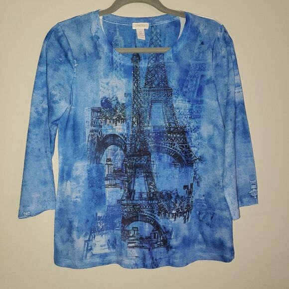 CHICOS BLUE AND BLACK PARIS GRAPHIC 3/4 SLEEVE TOP SIZE 0 (XS) (SIZE 2) - Picture 1 of 5
